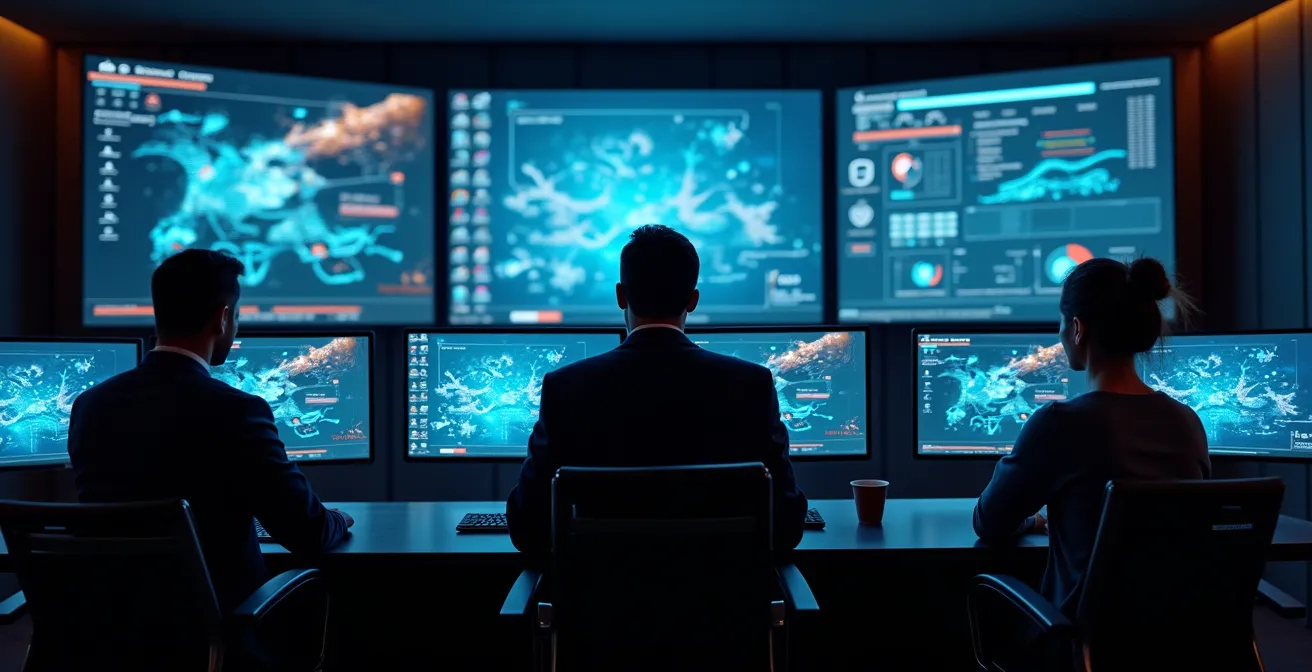 Centre de contrôle logistique avec écrans de monitoring affichant des flux en temps réel