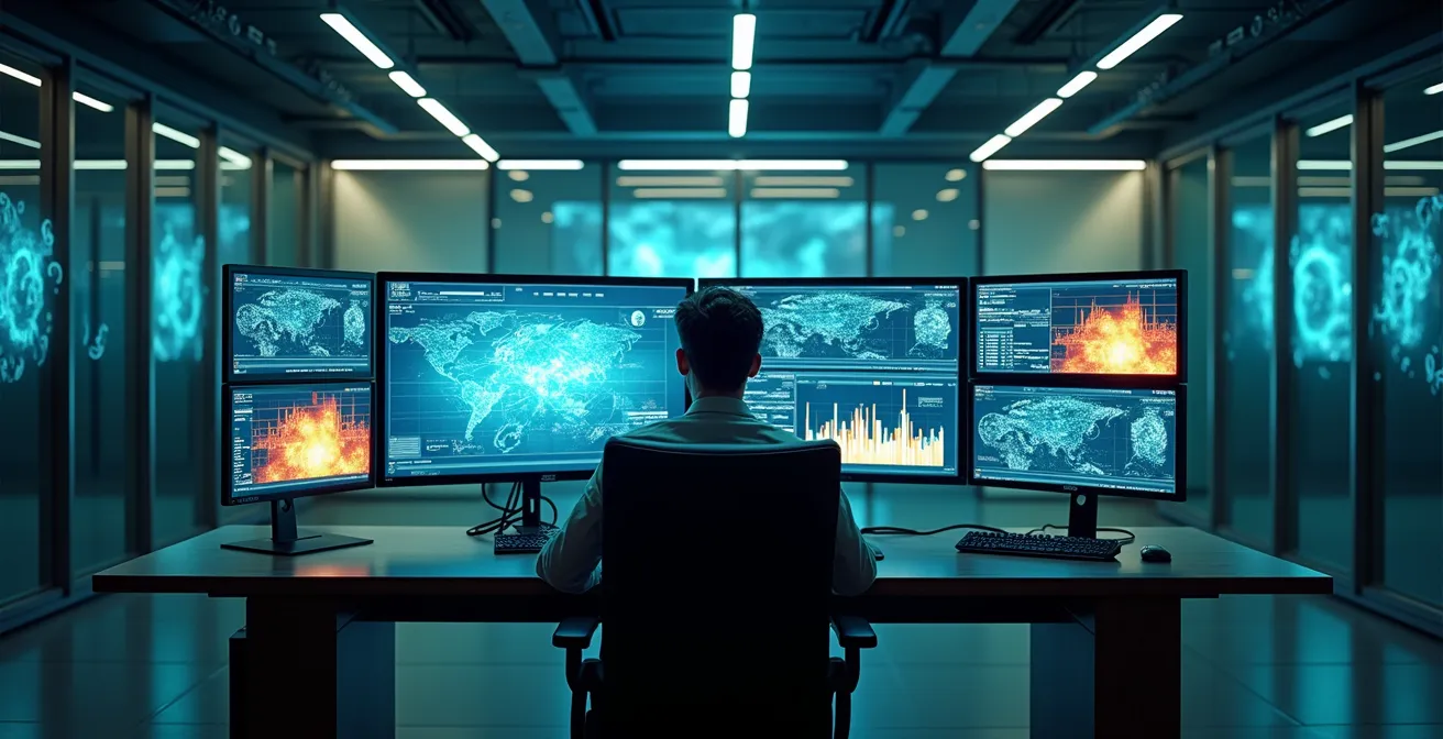 Écrans de contrôle affichant des données logistiques en temps réel dans un centre de pilotage supply chain
