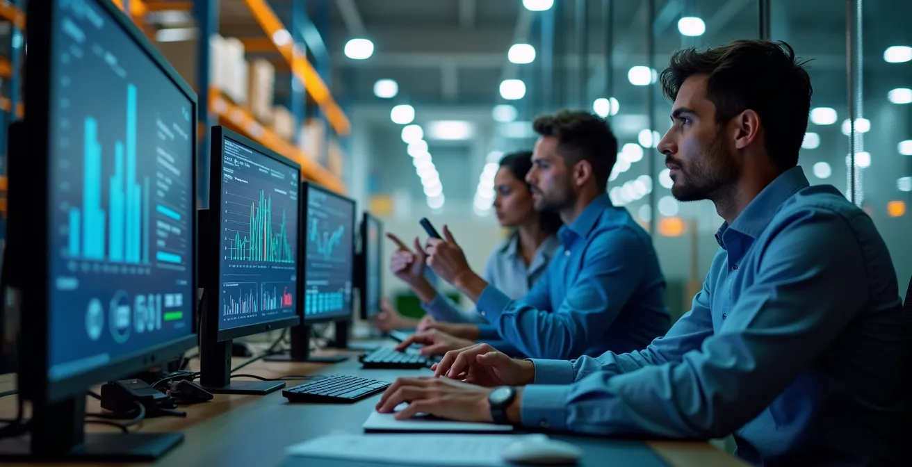 Vue rapprochée d'un centre de contrôle logistique avec écrans de monitoring et cartes de flux