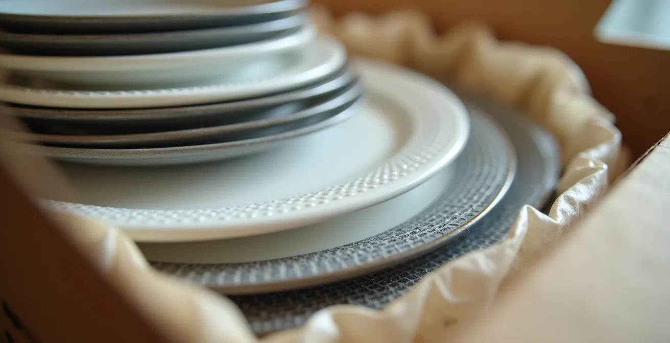 Démonstration de la technique d'emballage vertical pour assiettes et verres avec matériaux de protection