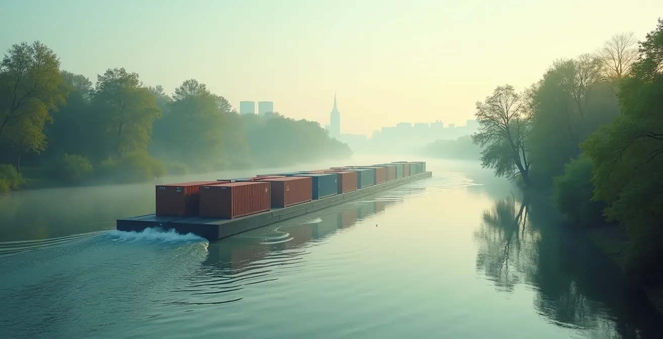 Barge transportant des conteneurs sur un fleuve avec des berges verdoyantes