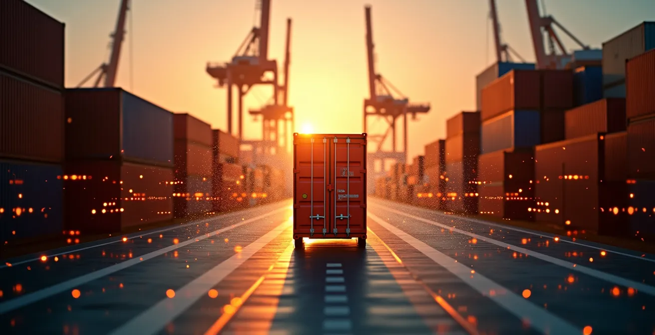 Zone portuaire avec conteneurs et systèmes de tracking numérique créant une traçabilité visuelle des flux