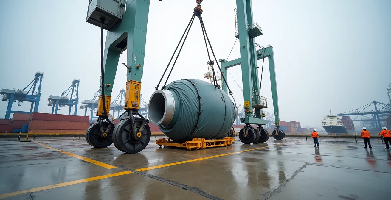 Vue large d'une zone dédiée aux colis hors-gabarit sur un terminal avec équipements spécialisés