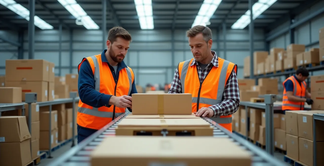 Zone de tri en cross-docking avec opérateurs préparant des palettes