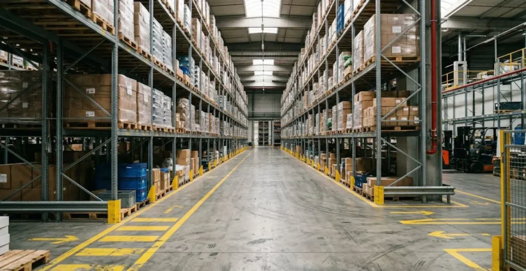 Vue en perspective d'une allée d'entrepôt logistique moderne et bien organisée avec marquage au sol visible, sans présence humaine Vue en perspective d'une allée d'entrepôt logistique moderne et bien organisée avec marquage au sol visible, sans présence humaine