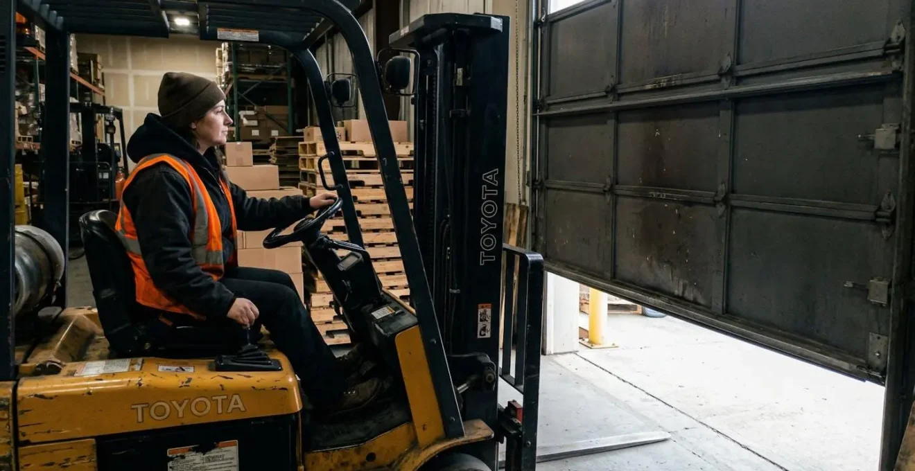 Un cariste sur son chariot élévateur attend devant une porte sectionnelle qui s'ouvre lentement dans un entrepôt industriel