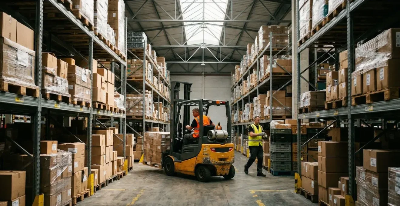 Vue d'ensemble d'un entrepôt logistique européen en pleine activité avec des chariots élévateurs circulant entre les rayonnages et des préparateurs de commandes au travail