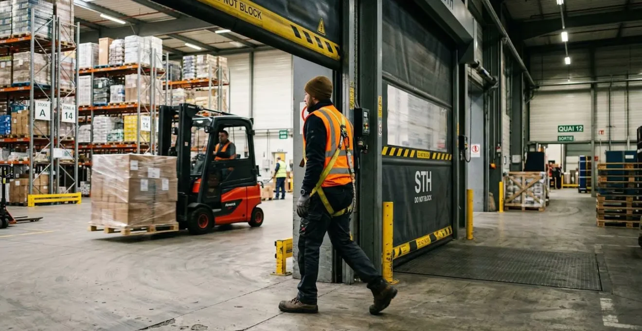 Un opérateur en gilet haute visibilité traverse une porte industrielle à ouverture rapide dans un entrepôt moderne, chariot élévateur visible en arrière-plan