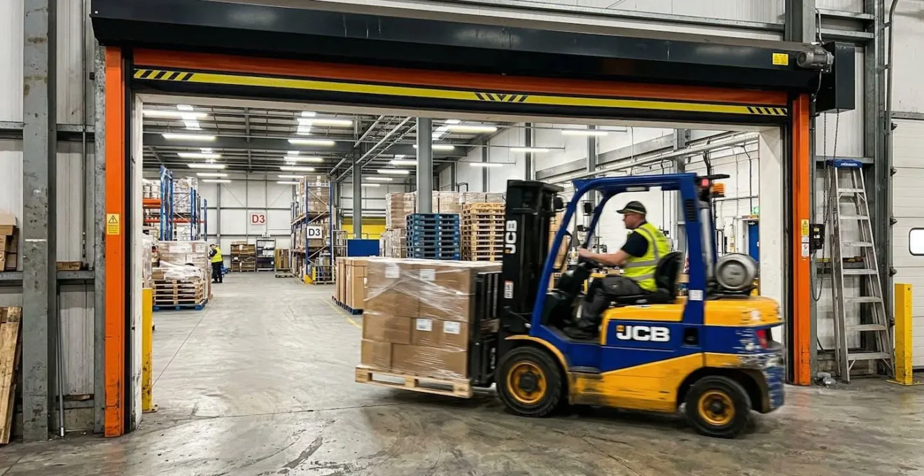 Une porte rapide industrielle souple en position ouverte avec un chariot élévateur qui passe dans un entrepôt moderne