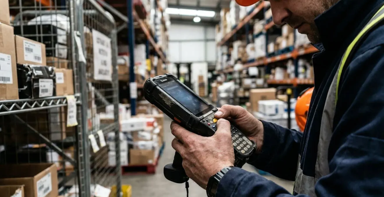 Un préparateur de commandes tient un terminal mobile scanner dans un entrepôt avec des rayonnages en arrière-plan légèrement floutés