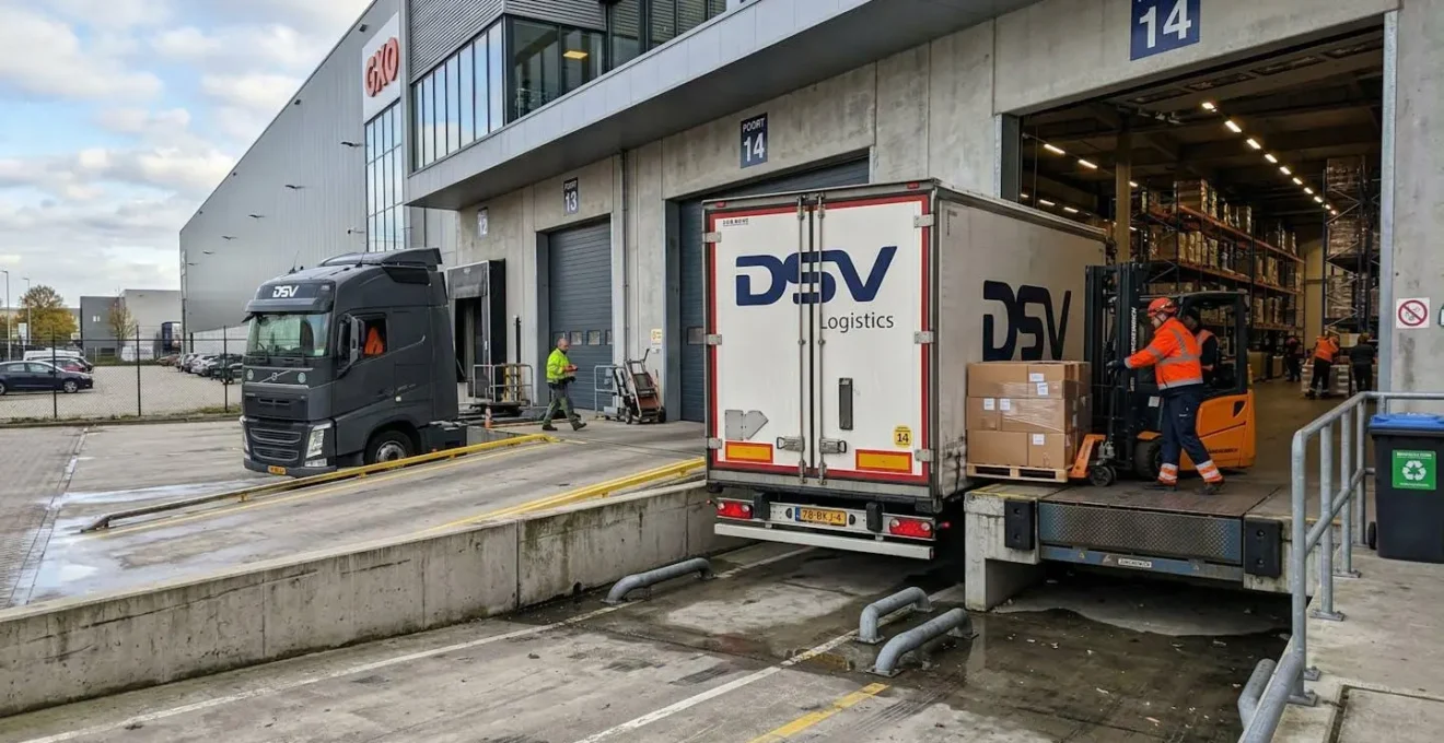 Zone de quai de chargement avec un camion en cours de chargement, portes industrielles et activité logistique dans un entrepôt européen moderne