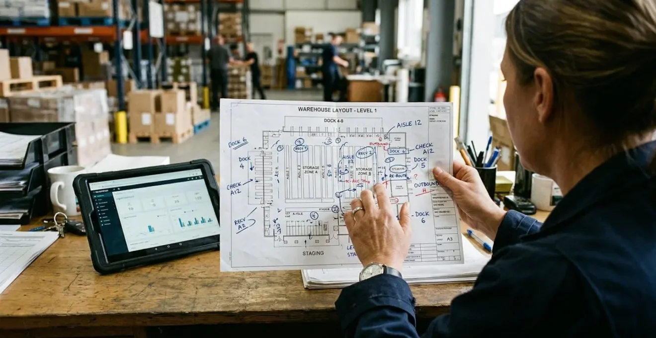 Mains d'un responsable logistique tenant un plan d'entrepôt papier annoté, avec une tablette posée à côté sur un bureau