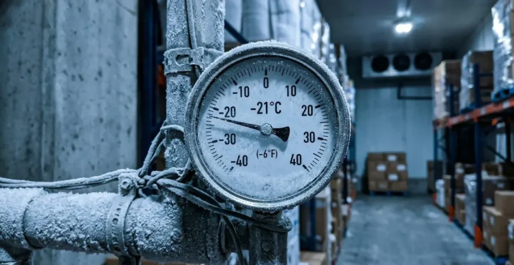 Gros plan sur un thermomètre industriel affichant une température négative avec du givre visible, dans un contexte d'entrepôt frigorifique Gros plan sur un thermomètre industriel affichant une température négative avec du givre visible, dans un contexte d'entrepôt frigorifique