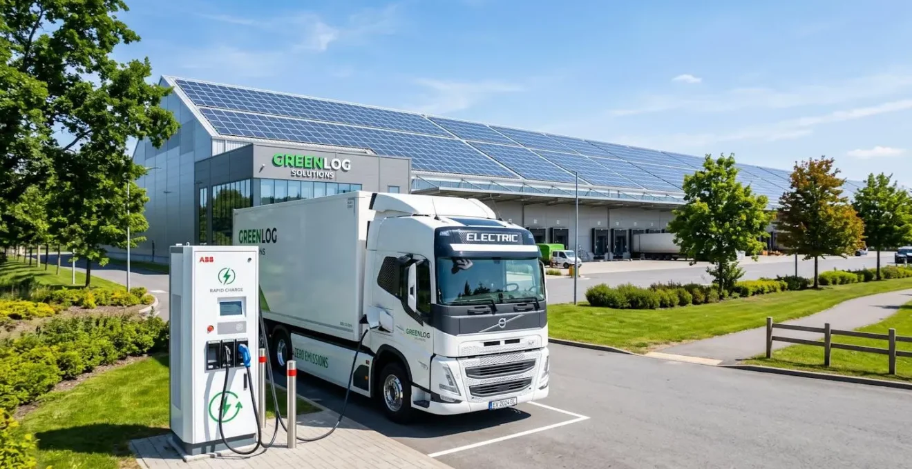 Camion électrique en charge devant un entrepôt logistique équipé de panneaux photovoltaïques