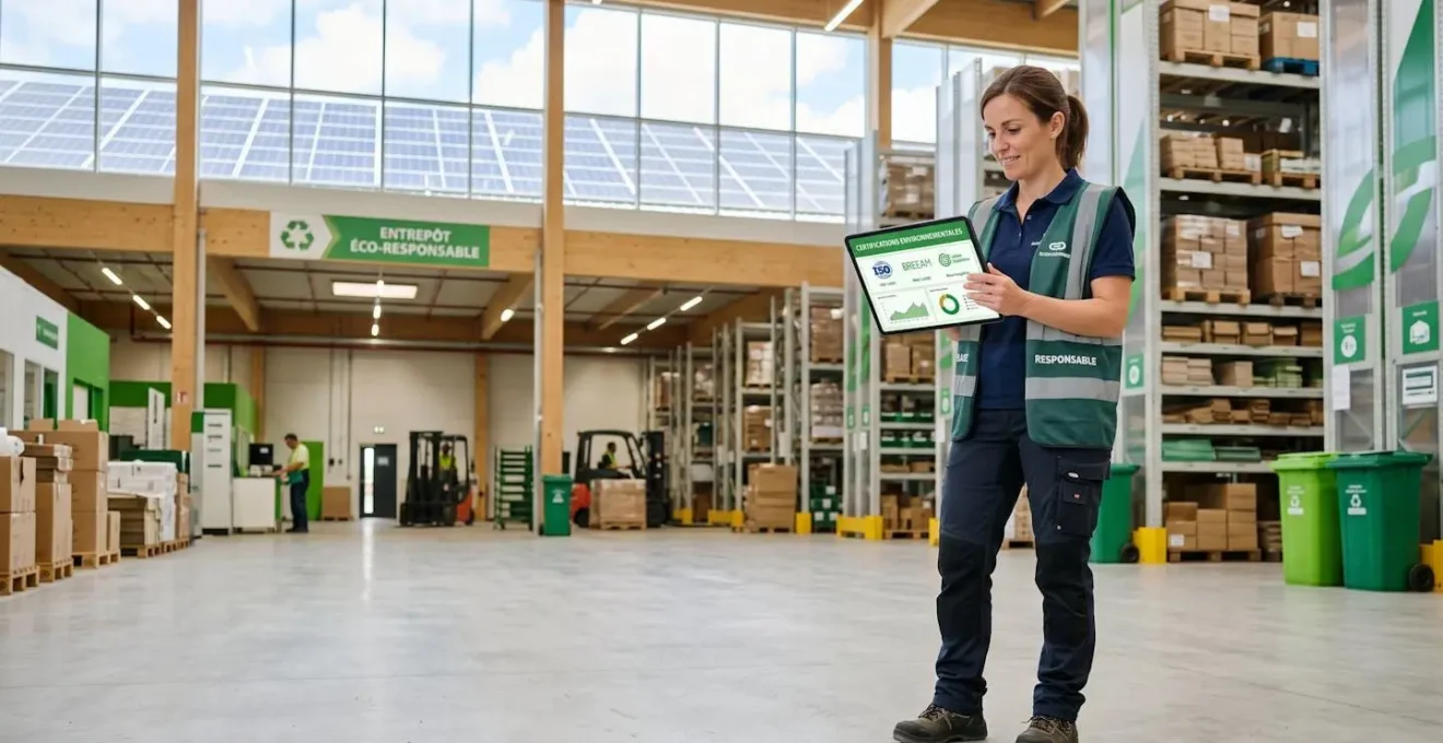 Responsable logistique vérifiant des certifications environnementales dans un entrepôt moderne équipé de panneaux solaires
