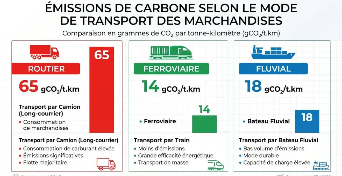Infographie comparant les émissions carbone du transport routier, ferroviaire et fluvial de marchandises